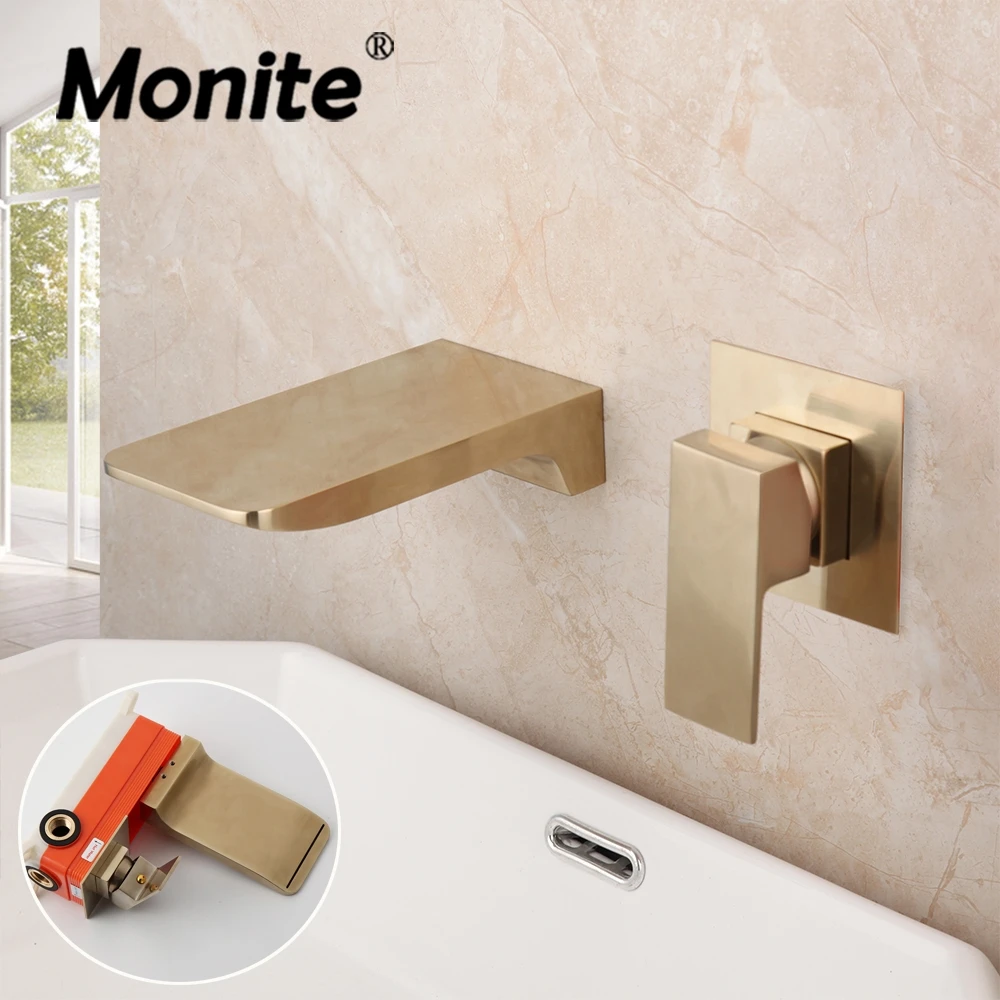 

Monite Brushed Gold Bathroom Bathtub Faucet Embedded Box Valve Brass Waterfall Water Basin Sink Wash Bathtub Mixer Tap Faucet