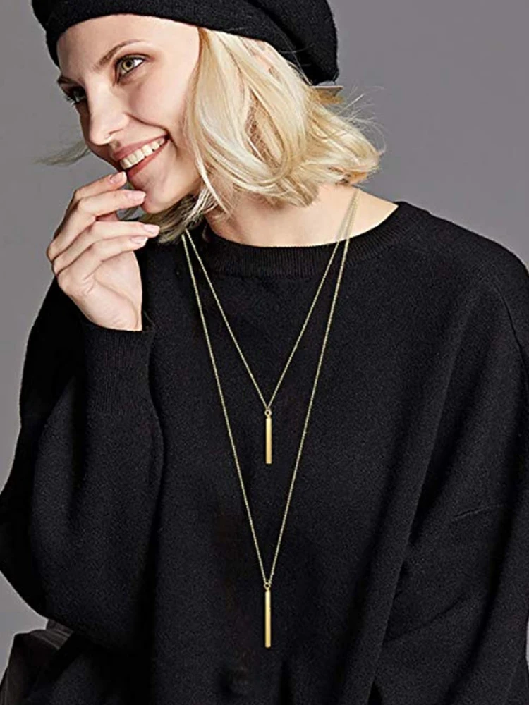 Two layers  bar Pendant Silver color gold color Metal plated Chain Women sweater Necklace