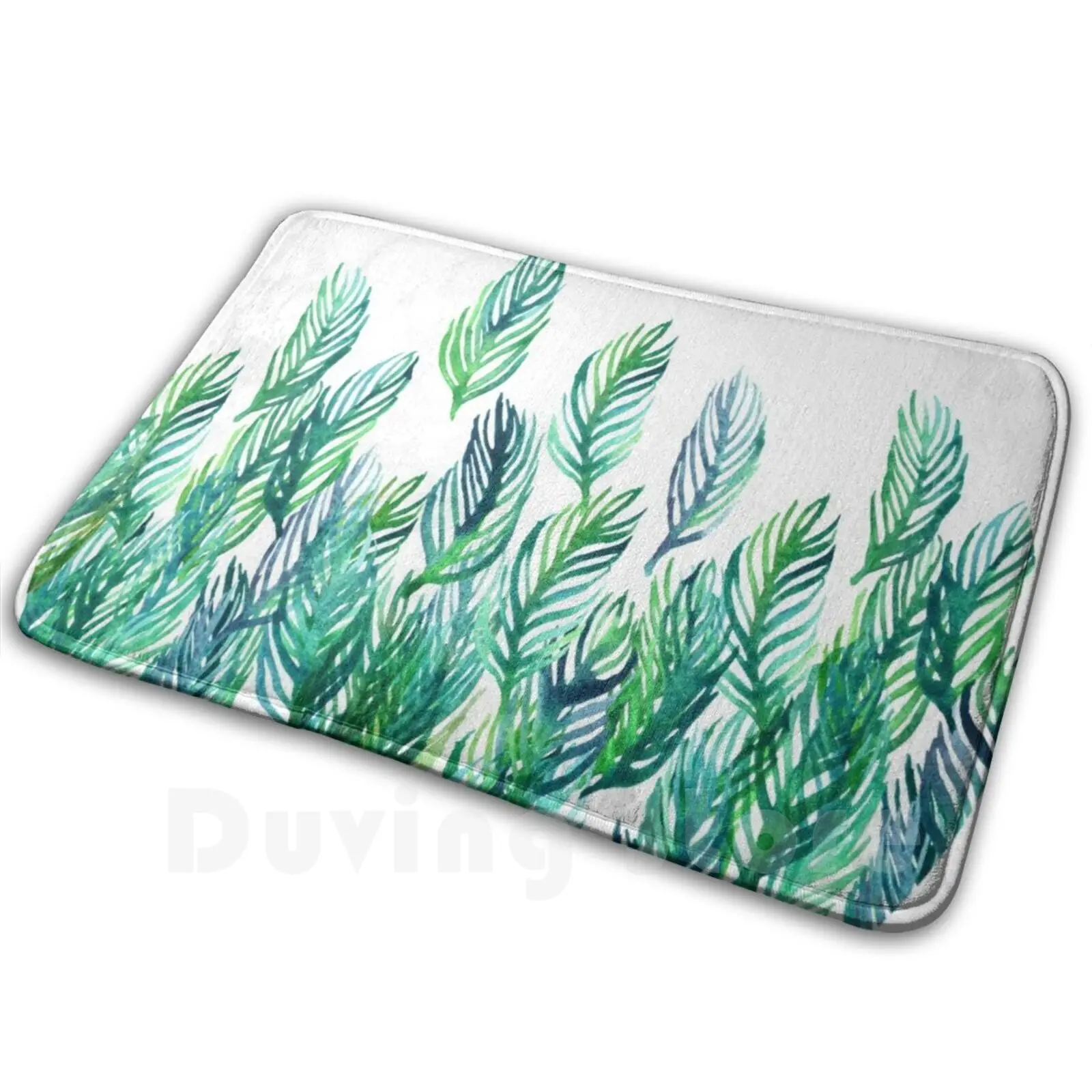 Jungle Rising Soft Non-Slip Mat Rug Carpet Cushion Watercolor Leaves Nature Pattern White Green Emerald Jade Green And