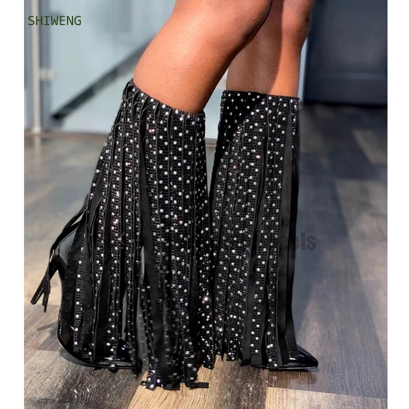 

Women Fringed Knee High Boots Chunky Thin High Heels Lady Fashion Crystal Decor Luxury Tassel Boots Women Winter 2021