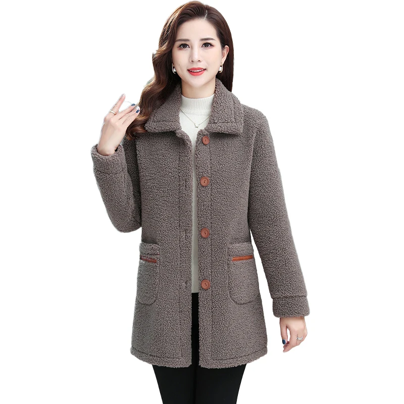 Mom Outerwear Autumn Winter Thicken Grain add Velvet Coat Women Fashion Size 5XL Medium Long Coats Ladies Lamb Fur Trench Coat