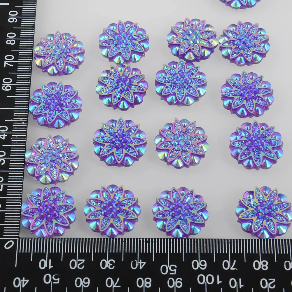 BOLIAO AB Color 15Pcs 18mm( 0.71in ) Flower Resin AB Color With Two Hole Purple Rhinestone Flatback Buttons Clothes Crafts DIY