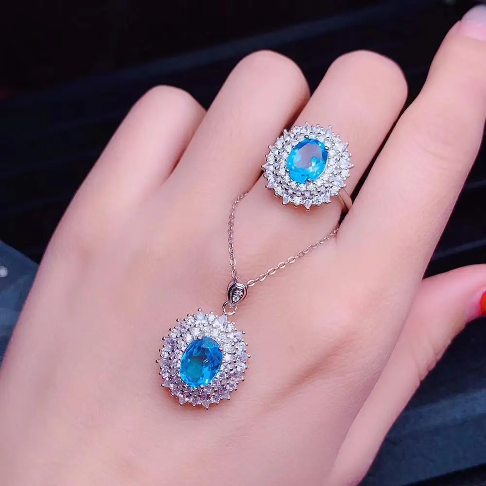 مجوهرات بوتيك KJJEAXCMY من الفضة الإسترليني عيار 925 مرصعة بالتوباز الأزرق الطبيعي قلادة خاتم بدلة دعم كشف فاخر