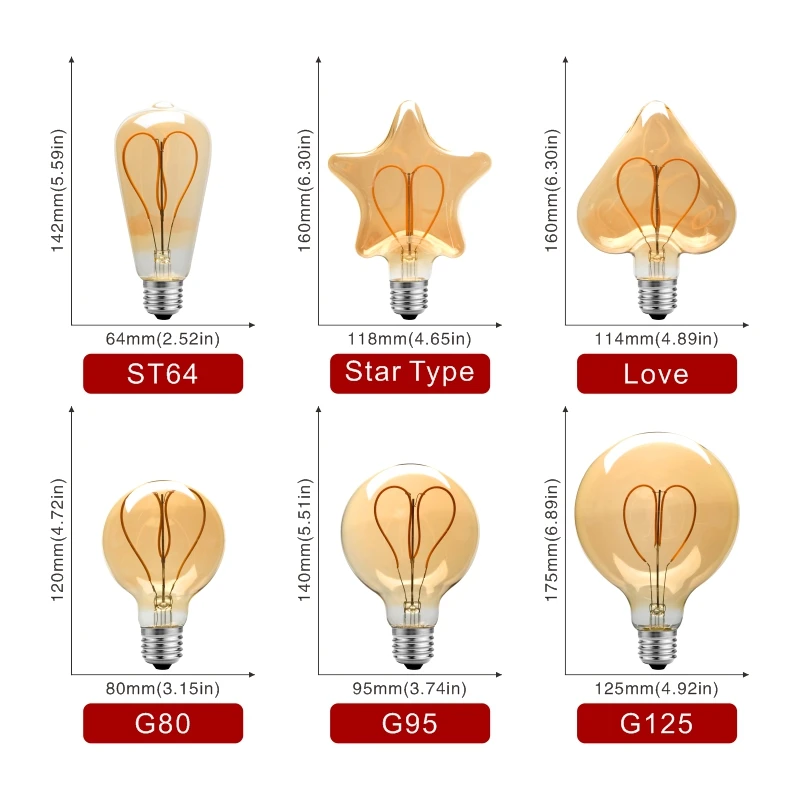 Dimmable E27 Retro Edison LED Heart Filament Light Bulb 4W Warm White 2200K 220V ST64 G80 G95 G125 Vintage Home Decoration Lamp