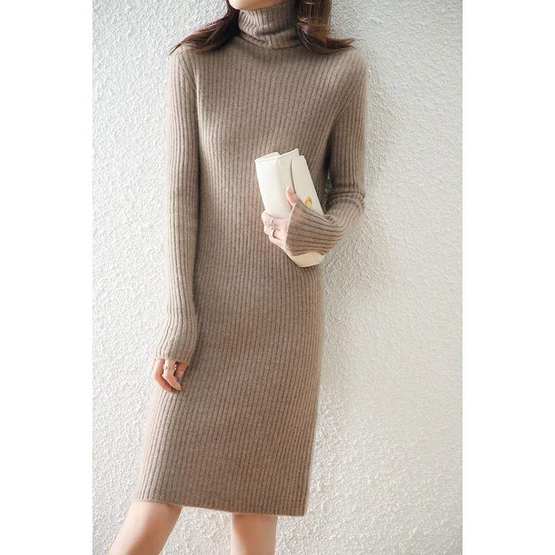 

2021 New Autumn And Winter High Collar Sexy Long Dress Soft Feminine 100% Pure Wool Sweater Female Turtleneck Knitted Pullovers