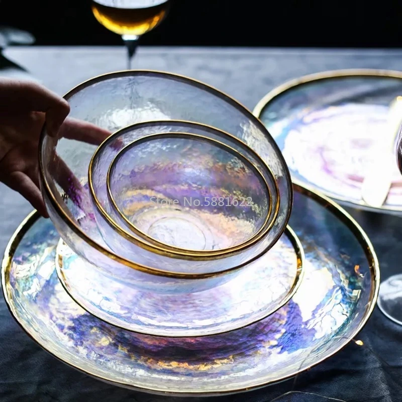 Rainbow Glass Dinner Plates Food Plates Desset Plate Cake Dish Salad Bowl Fruit Bowls Food Storage Glassware Dinnerware
