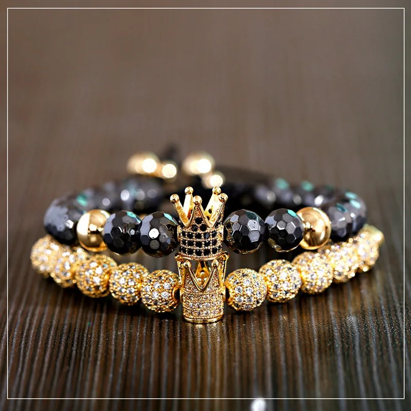 Luxury King Crown Beads Bracelet Set For Men Classic Black Hematit 8mm Ball Copper Bracelets&Bangles Women Jewelry