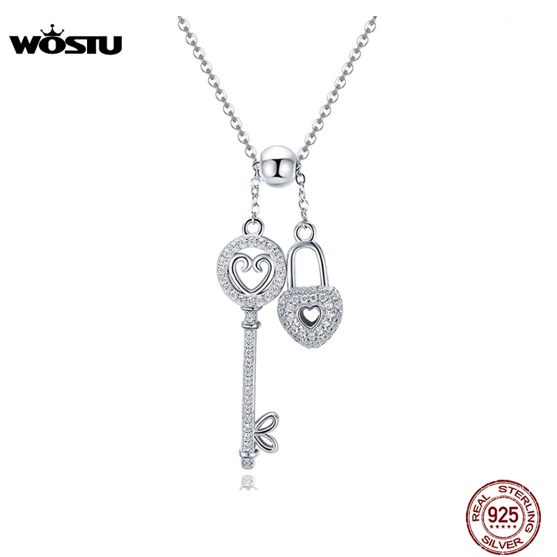 WOSTU Luxury 925 Sterling Silver The Key of Heart Lock Pendant Necklace For Women Girlfriend Wife Fashion Jewelry Gift CQN290