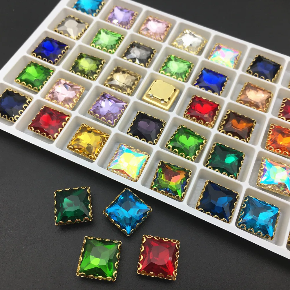 All colors 8mm 10mm 12mm 14mm Square Glass Crystal Lace Claw Rhinestones Golden Base Sew On Stone for Diy/Clothing accessorie