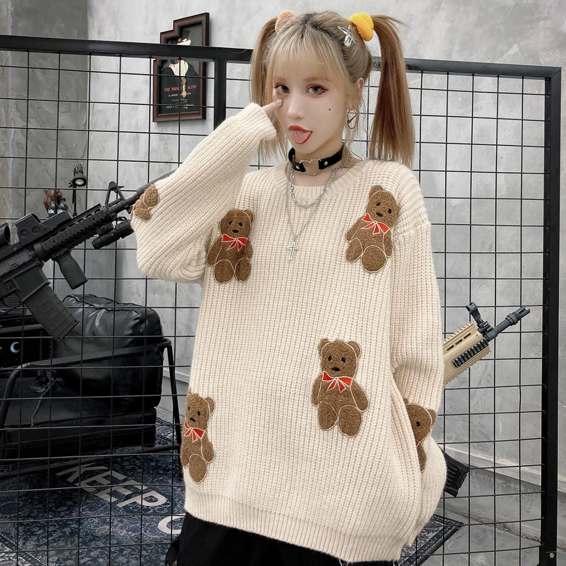 ATSUNSET Cute Bear Knitting Wool Autumn And Winter Harajuku Japan And South Korea Cute Pullover Daily Streetwear Top