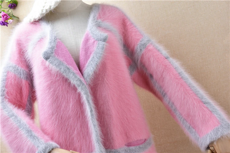 1.2KG heavy thick female women sweet pink mink cashmere knitted long sleeves loose cardigans angora fur jacket coat sweater pull