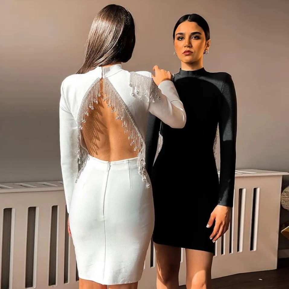 

Velvet Dress High Neck Party Dress With Crystals Tassel Bodycon Dress Mini Dress Long Sleeve Winter Dress Woman Female Dress
