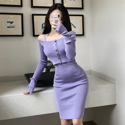 Korean Style Knitting Triped Long Sleeve Solid Pink Cardigan Cropped Tops Spaghetti Strap Dresses Suits Two Piece Bodycon Robe