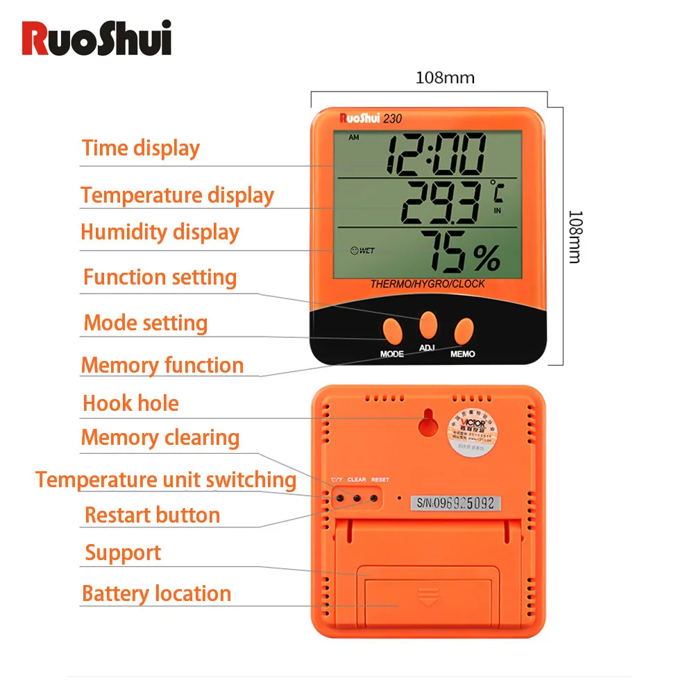 RuoShui 230 hygrometer and thermometer mini Household Indoor outdoor double probe air humidity With alarm clock room hydrometer