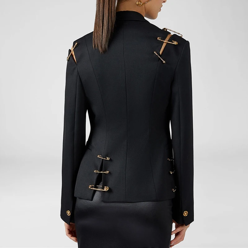 GALCAUR Streetwear Coat For Female Patchwork Metal Pin Buckle Lapel Collar Long Sleeve High Waist Slimming Women\'s Coat New