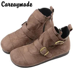 Careaymade-stivali da donna Vintage, stivali da donna comodi con fondo piatto a testa tonda, stivali casual con fibbia per cintura, stivali corti da studente