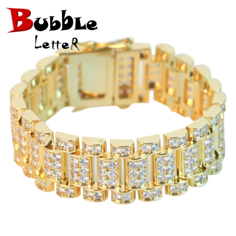 Bubble Letter Men Bracelet On Hand Watch Link Real Gold Plated Hip Hop Jewelry Pulsera Ancha 2021 Trend