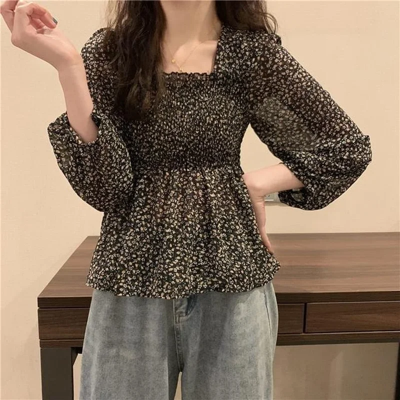 Blouse Women Sweet Korean Style Lovely Ladies Simple Lantern Sleeve Ruffles Popular Square Collar Thin Prairie Chic Holiday Tops