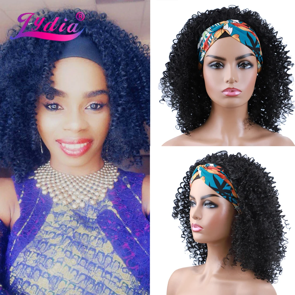 

Lydia Middle Kinky Curly Headband Synthetic Hair Wigs For African American Women 1B# Black Color 18Inch Kanekalon Afro Daily Wig