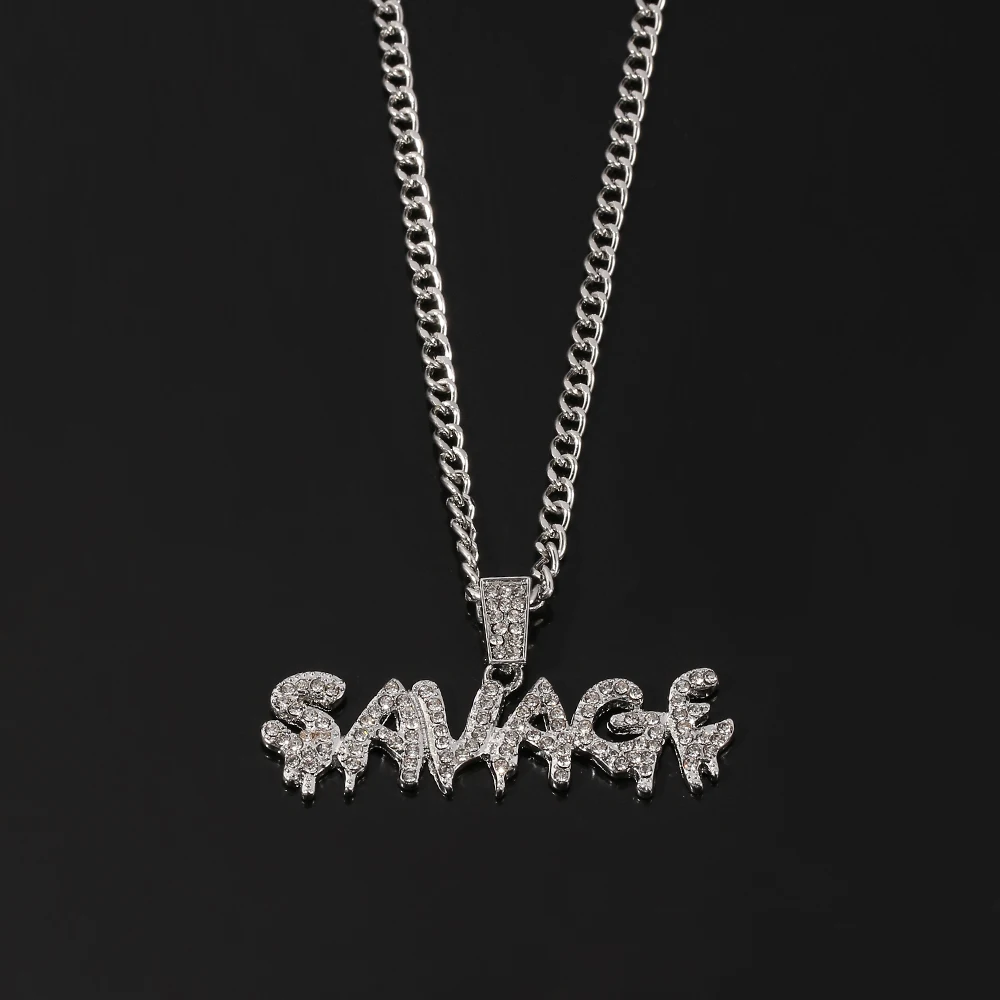 Hip Hop Savage Letter Necklace Gold Color Micro Pave Cubic Zircon Bling Bling SAVAGE Pendant Necklace Charm For Men Gifts