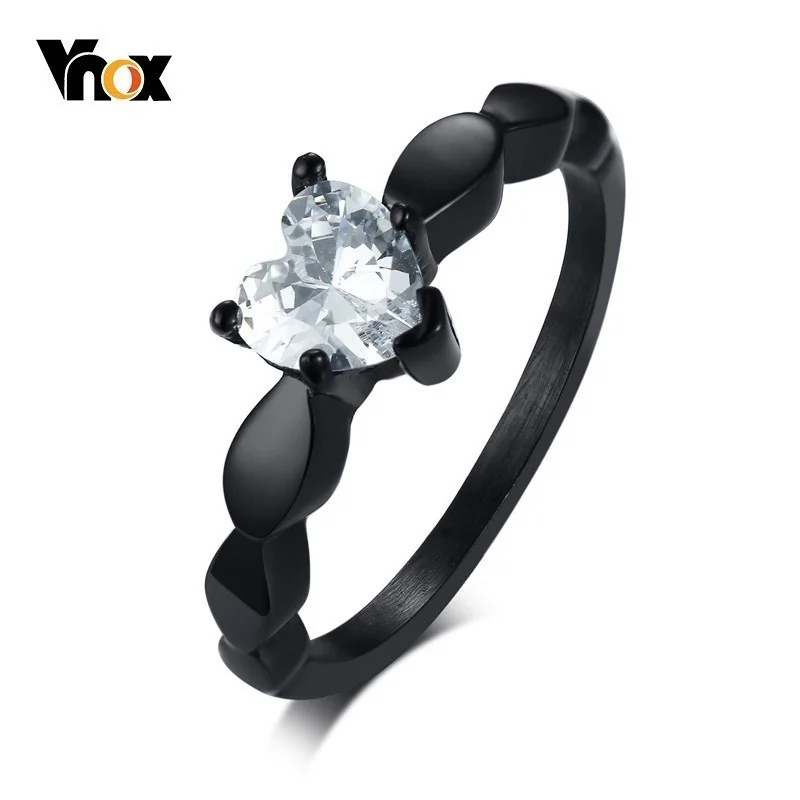Vnox Heart Love Engagement Rings for Women Bling CZ Black Stainless Steel Female Alliance Jewelry