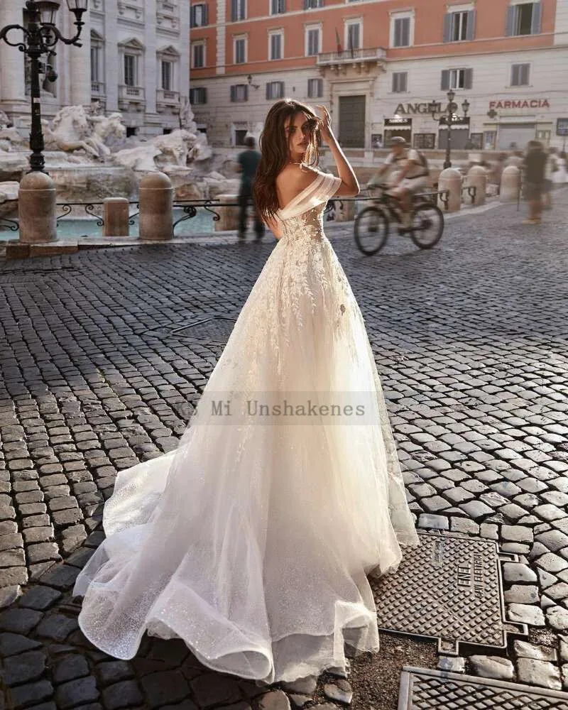 Vestido de novia de encaje con hombros descubiertos, traje de boda bohemio Vintage rústico, corte en A, tul brillante, 2021