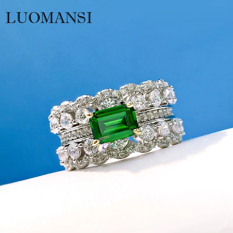 Luomansi 4*6MM Emerald Double Row Full Diamond Wide Ring 100%-S925 Sterling Silver Jewelry Wedding Cocktail Party Woman Gift