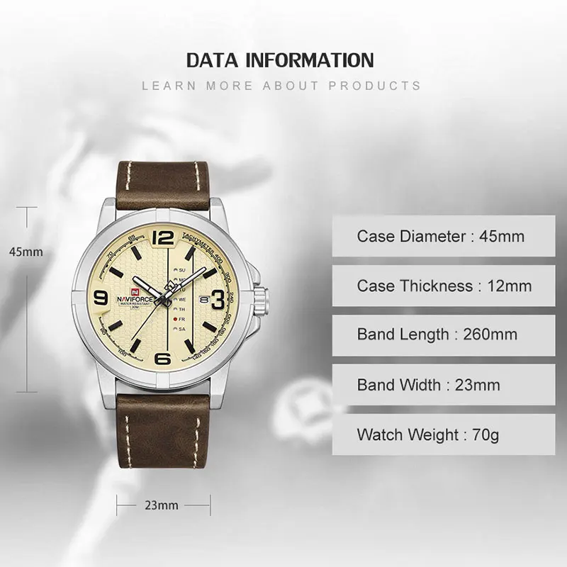 NAVIFORCE Men\'s Casual Quartz Calendar Watches Male Waterproof Leather Wrist Watch Fashion Big Dial Man Clock Relogio Masculino