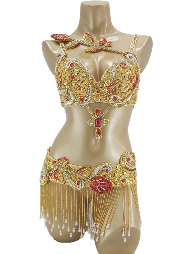 Nowa damska profesjonalna odzież do tańca brzucha stroje na występy wyszywane koralikami kryształowe kostiumy do tańca brzucha zestaw ubrań Bellydance — zdjęcie 2