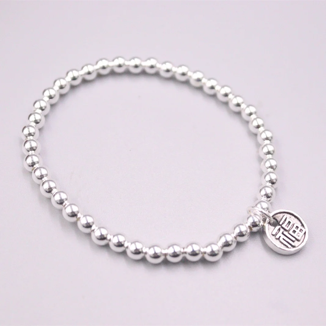 

New Pure 925 Sterling Silver 4mmW Bead with Round Fu Bead Charm Bracelet for Woman 5-7g