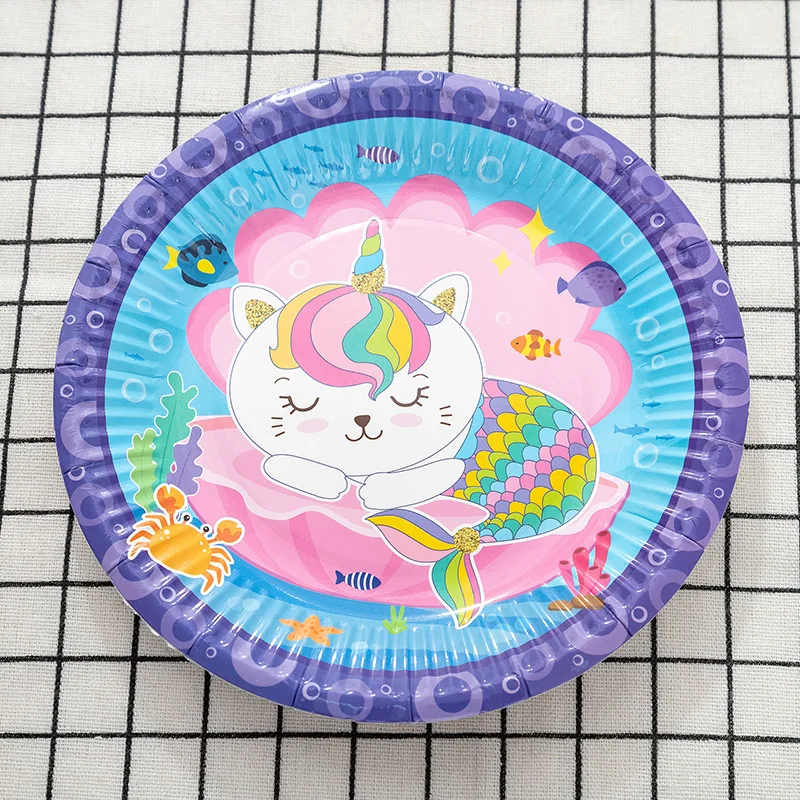 36pcs/set Unicorn Cat Disposable Tableware Set Kids Birthday Party Supplies Paper Plate Mermaid Kitty Cartoon Venue Decorations