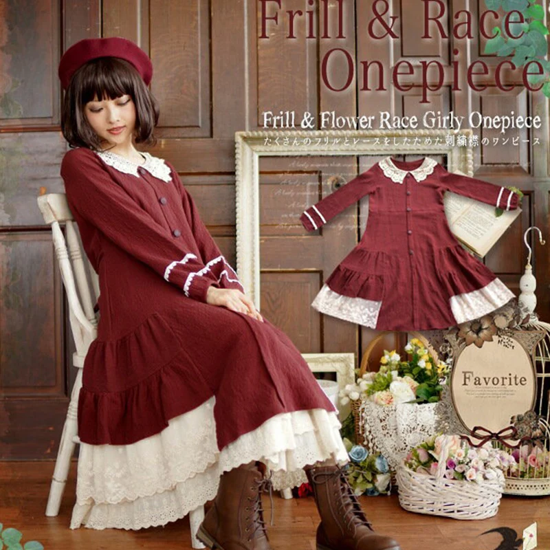 Spring Autumn women Mori Girl Sweet Dress Harajuku Solid Blue Red Peter Pan Collar Femmes Cute Cotton Lolita Female Dresses A267