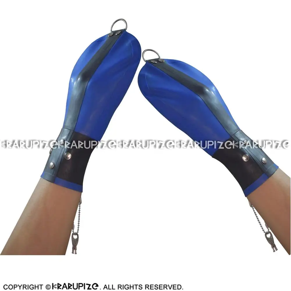 Black And Blue Short Latex Gloves With D Ring At Top Keys Zippers Rubber Mitts Mittens ST-0063