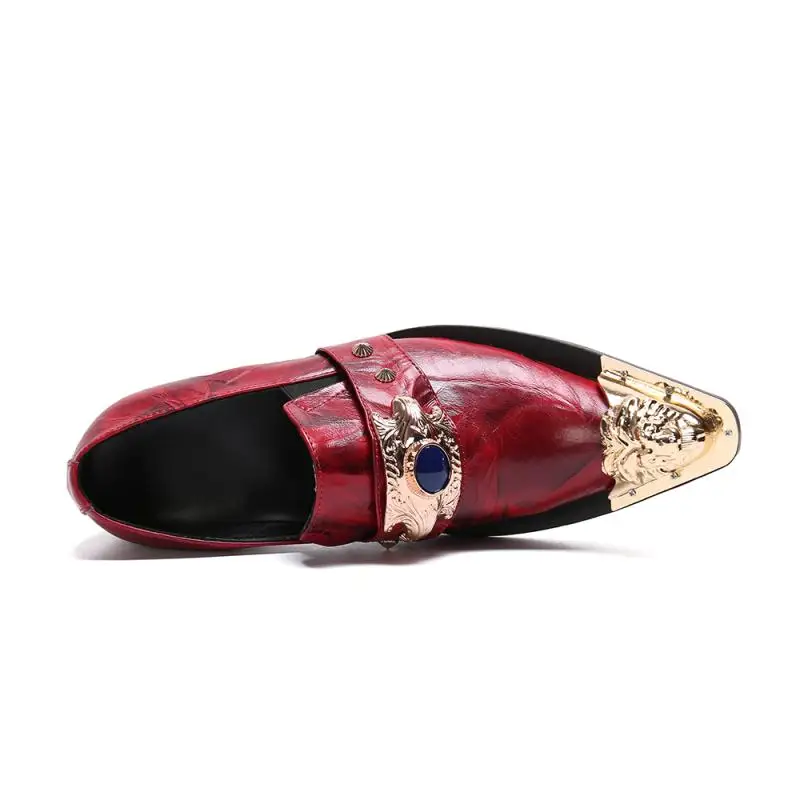 Luxury Metal Pointed Toe Red Wedding Shoes Men Leisure Party Dress Shoes Genuine Leather Slip On Mens Career Work Shoes Size 46