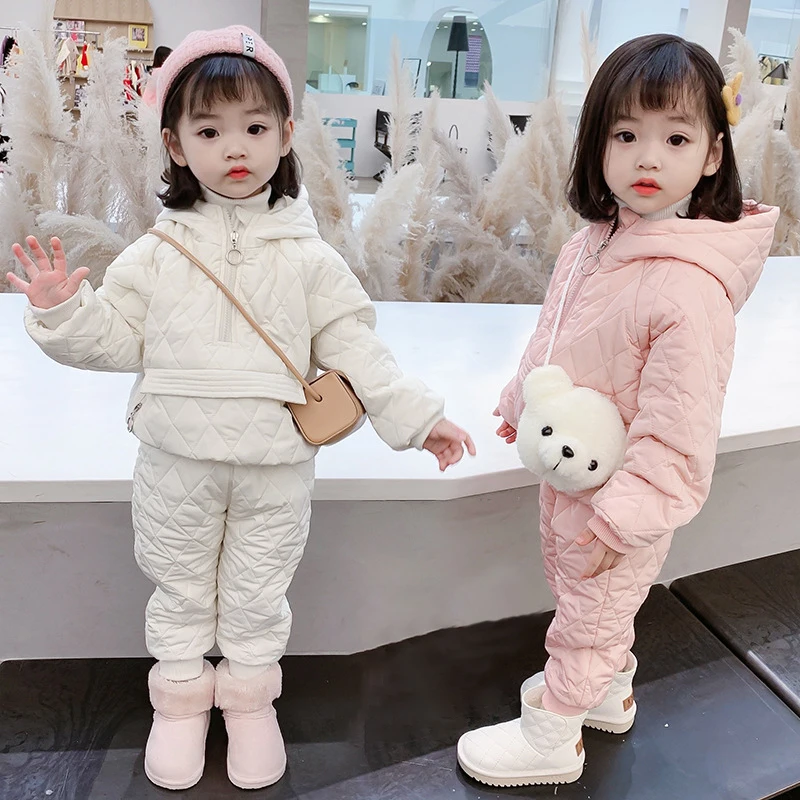 Fashion Baby Girls Winter Clothes Set 1-6Years Old Cotton Padded Hooded Warm Coat Pants 2Piece-Sets Girls Outfits image 2