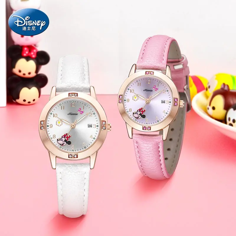 Disnehy Minnie Mouse Kalender Mewah Perhiasan Kristal Bling Jam Tangan Kuarsa Wanita Wanita Anak Jam Tangan Siswa Anak-anak Hadiah Jam