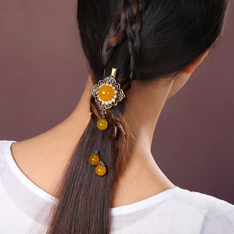 Pearl Gold agate Hair pin Tassel Ethnic Vintage Barrettes Hair Jewellery Women Fashion Hair Clip Bronze alloy Head Ornaments