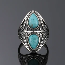 Vintage Natural Turquoise Rings for Women Men Retro Original Design Bohemian Ring S925 Silver Gemstone Female Fine Jewelry Gifts