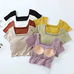 Summer Women T-Shirts Chest Pad Built In T-shirt O-Neck Short Sleeve Women Tops Breathable Short Tshirt HYTW1