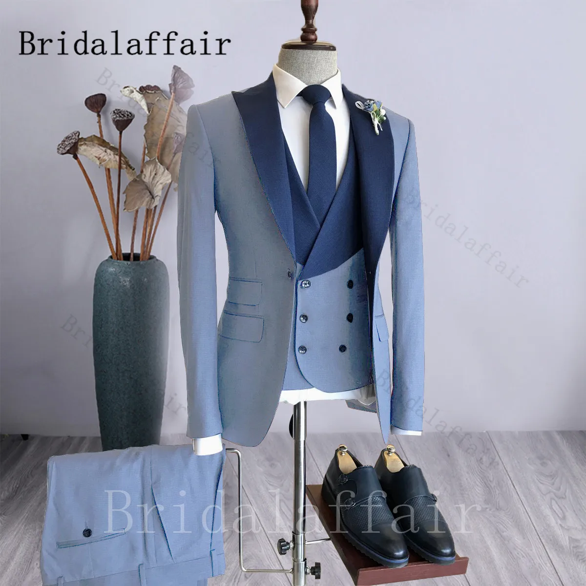 Bridalaffair ชุดสูท3ชิ้นแบบหรูหราสำหรับผู้ชาย, เสื้อกั๊กกางเกงคอปกทรงเข้ารูปสำหรับงานแต่งงาน