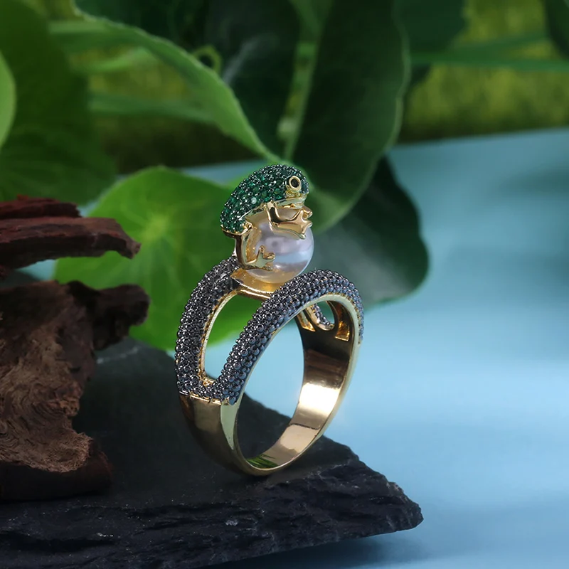 Huitan Cute Animal Ring Jumping Frog Shaped Fancy Rings Birthday Gift For Women Rough Surface With Simulated Pearl Ring