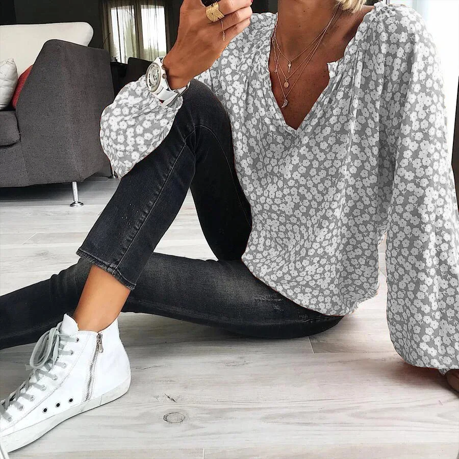 New Blouse Women Casual Floral Print Top Shirts Blouses Female Loose Blusas Autumn Fall Casual Ladies Office Blouses Top Sexy