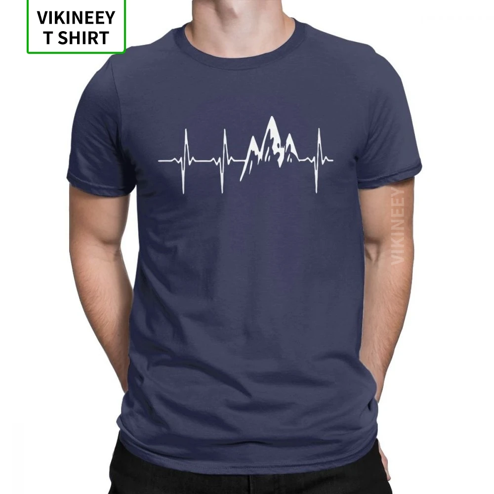 Mountain In My Heartbeat T-Shirt for Men Hiking Walking T Shirt Climbing Funny Graphic Tees Crewneck Cotton Fabric Clothes Gift