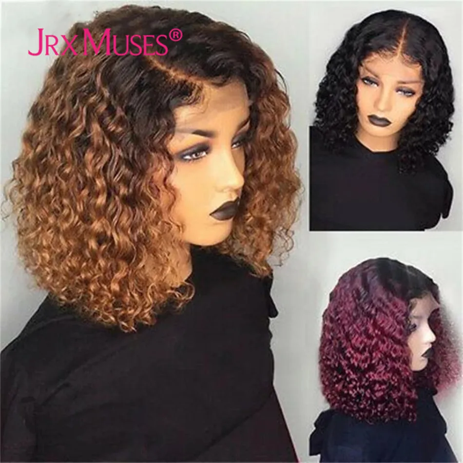 

1B/27 Ombre Color Short Curly Human Hair Wigs Pre plucked Burgundy Malaysian Remy Curly Lace Part Bob Wigs Bleached Knots