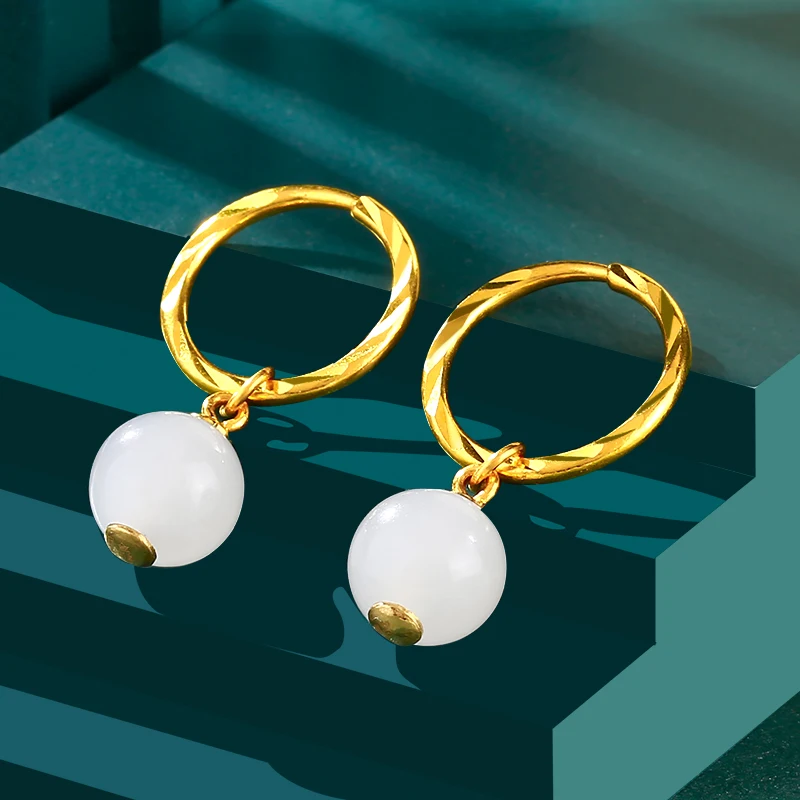 

Pure 24K Yellow Gold Earrings Natural White Jadeite Green Jadeite Hoop Earrings