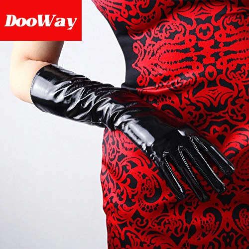 DooWay Sexy Women Shine Black Fashion Gloves Long 16-inch Faux Patent Leather Wet Look Cosplay Costume Wedding Party Lady Gloves