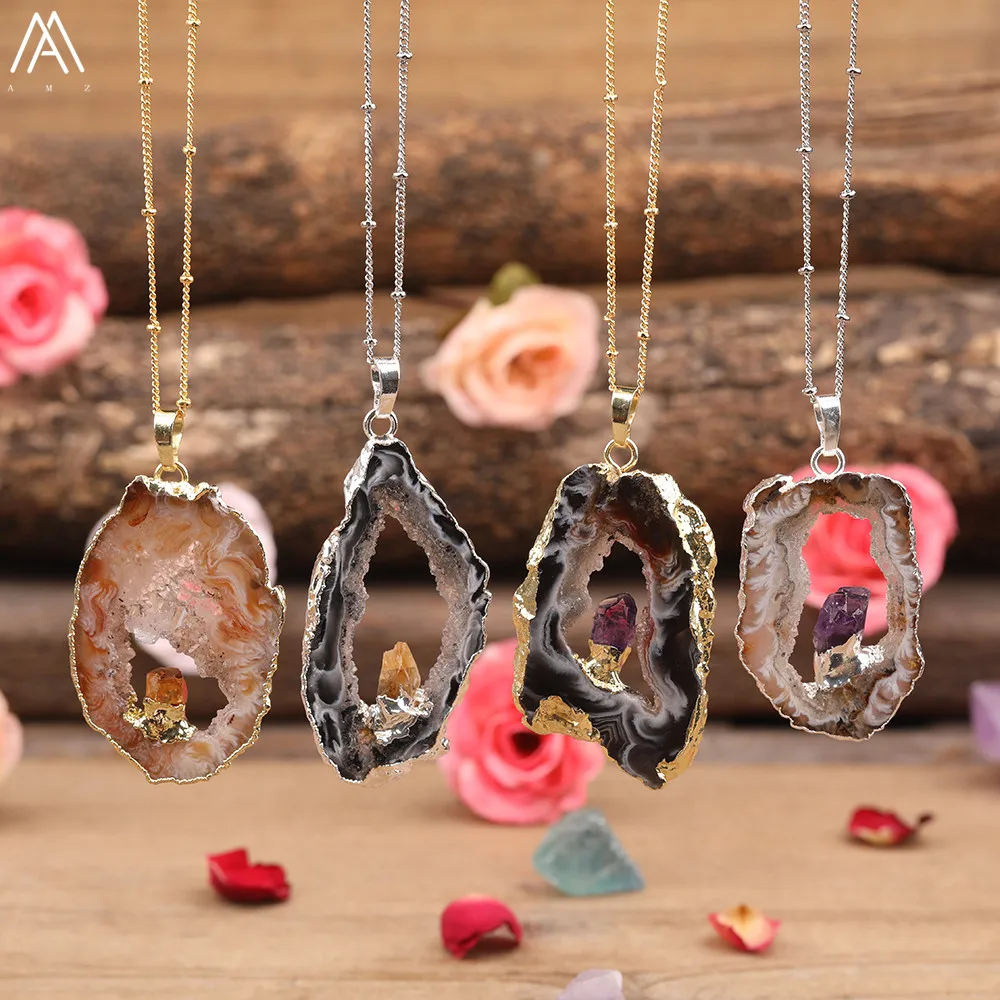 

Natural Druzy Geode Agates Stone Slab Pendant Gold Silvery Chains Necklace Women Crystal Quartz Beads Necklace Jewelry
