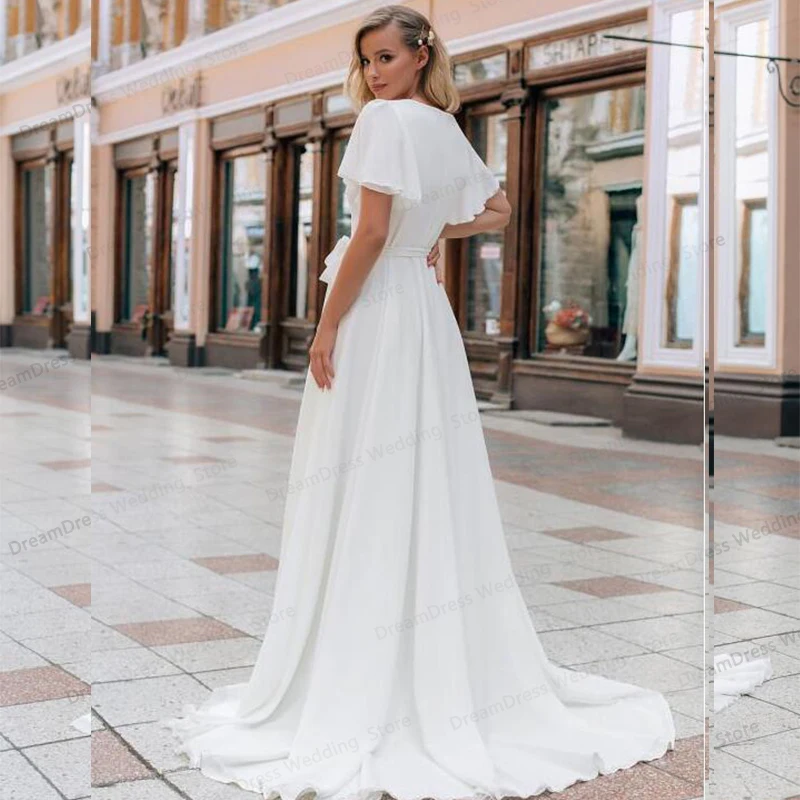 Chiffon A-line Strand Hochzeit Kleid 2021 Puff Hülse Sweep Dot Tüll Braut Kleid Nach Maß Prinzessin Hochzeit Kleider Boho