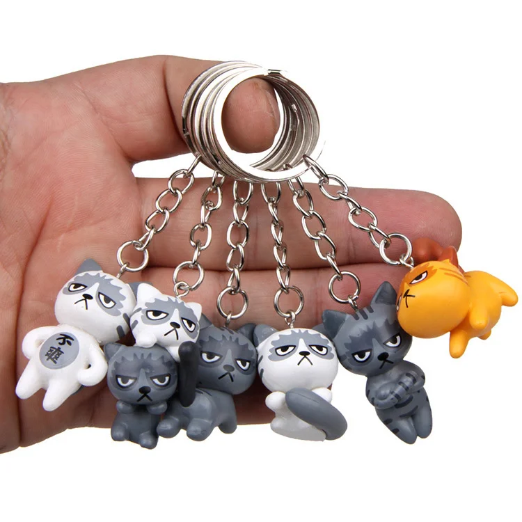 

Cartoon Cute Angry Cat Pendant Figure Key Rings Kitten Pet Key Chain Car Bag Keychains Mix 24pcs/lot wholesale High Quality