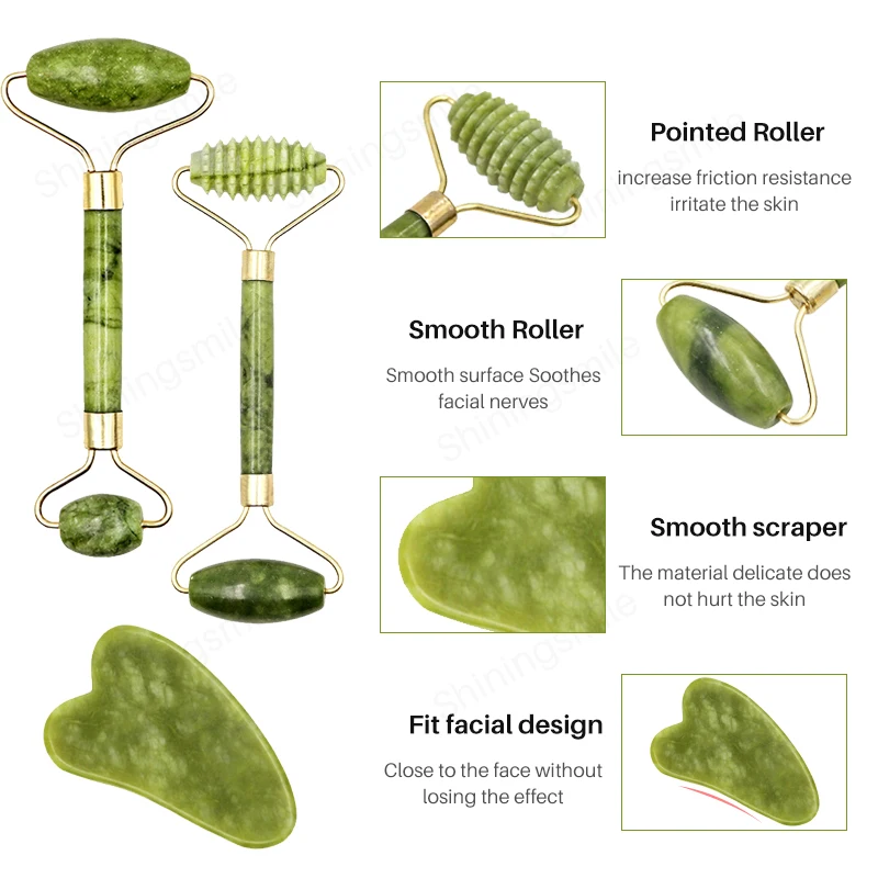 천연 옥 스톤 Guasha 보드 스크레이퍼 세트, 얼굴 마사지 롤러, 페이셜 리프트, 피부 이완, 슬리밍 뷰티 넥, 얇은 도구, 2 개
